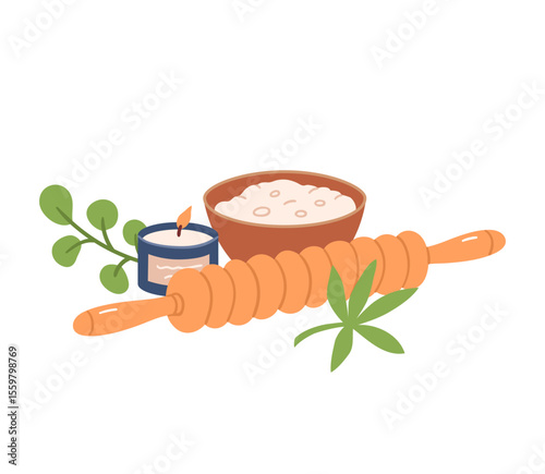 Composition of massage roller, salt scrub and aromatherapy candle. Hand drawn vector illustration for wellness branding, aromatherapy packaging and spa menu design.