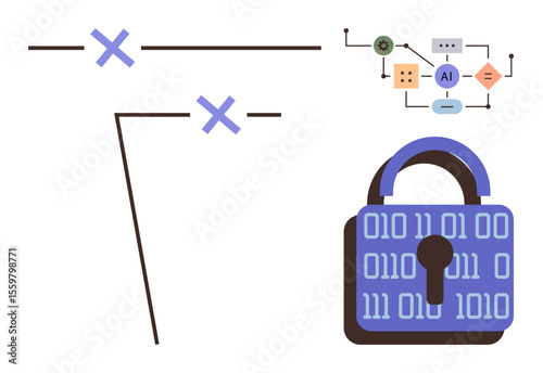 Digital padlock with binary code, AI algorithm flowchart, secure lines, and network symbols. Ideal for cybersecurity, AI, technology, data protection, encryption digital safety risk mitigation