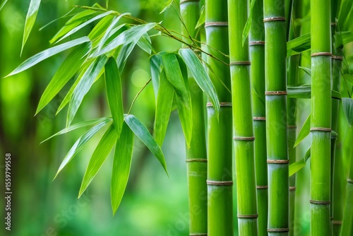 Green bamboo stalks and leaves growing in nature preserve