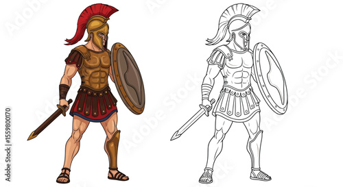 Mighty Achilles Warrior Coloring Page Featuring Full Color and Clean Outline Forms