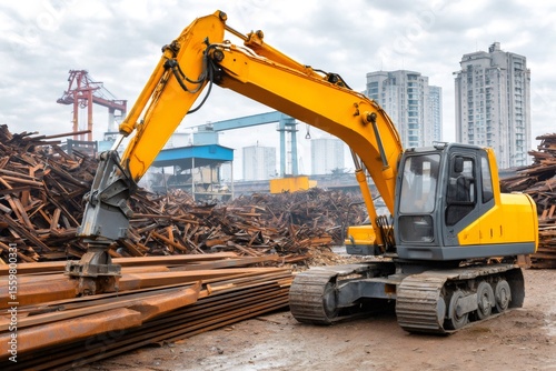 Excavator sorting metal beams in a scrap yard with industrial cranes in background