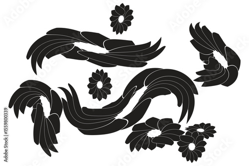 Swirling black abstract shapes with petal like elements