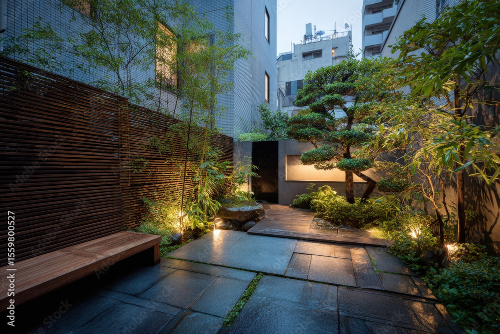 Fototapeta premium Small tranquil courtyard with minimalist garden and bonsai trees in tokyo
