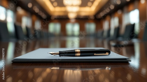 Close Up Of A Black And Gold Fountain Pen Resting On A Grey Notepad On A Wooden Conference Table In A Brightly Lit Boardroom