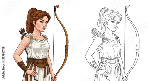 Artemis Greek Goddess of the Hunt Coloring Page with Colored and Outline Forms
