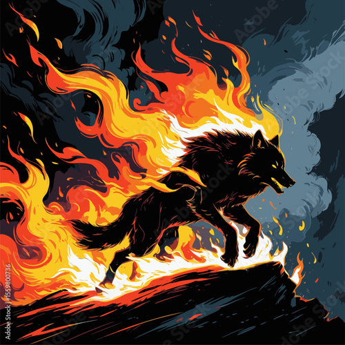 vector image of a wolf on fire with a cloudy background