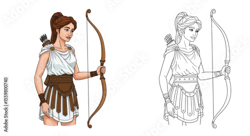 Mighty Artemis Greek Goddess of the Hunt Coloring Page Full Color and Outline Figures