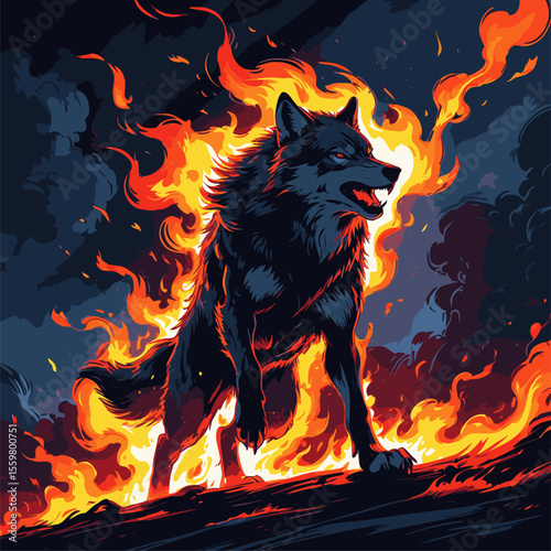 vector image of a wolf on fire with a cloudy background