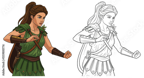 Artemis Greek Huntress Coloring Page with Dual Depictions Colored and Outline Art