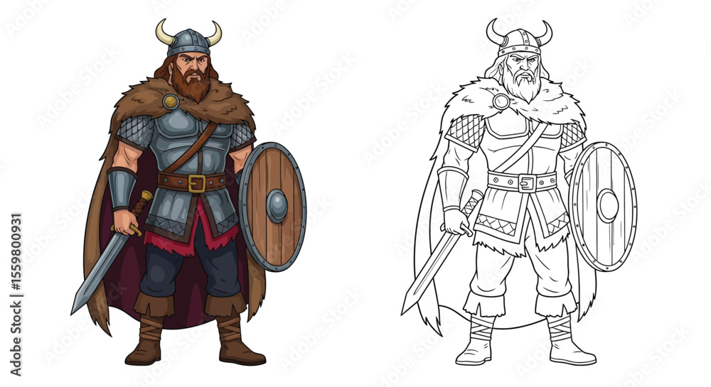 Naklejka premium Mighty Beowulf Warrior Coloring Page Featuring Full Color and Crisp Outline Illustrations