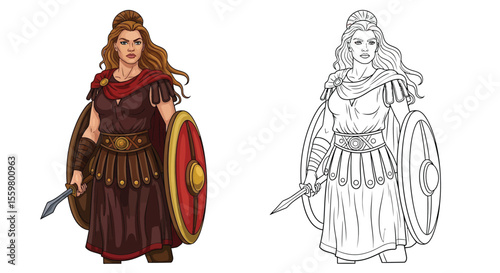 Fierce Boudica Celtic Warrior Queen Coloring Page Full Color and Crisp Outline Art