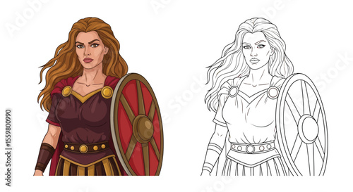 Boudica Celtic Warrior Queen Coloring Page with Colored and Outline Styles History Art
