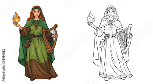 Ancient Brigid Celtic Goddess Coloring Page Full Color and Crisp Outline Figures