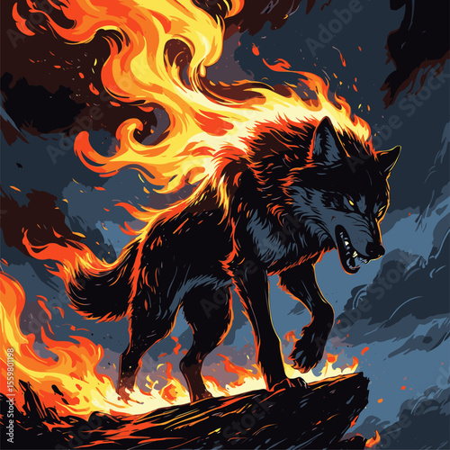 vector image of a wolf on fire with a cloudy background