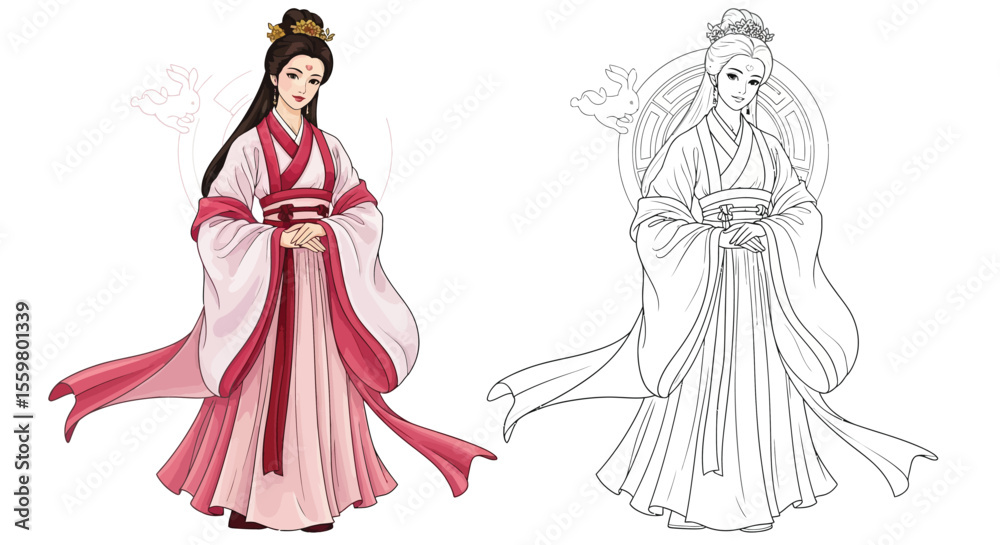 Fototapeta premium Chang E Chinese Moon Goddess Coloring Page with Colored and Outline Versions Mythology Art