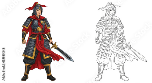 Chinese Warrior Woman Coloring Page with Colored and Outline Figures Historical Art