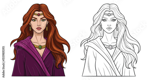 Circe Greek Sorceress Coloring Page with Colored and Outline Women Mythology Art