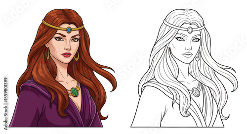 Mystical Circe Greek Sorceress Coloring Page Full Color and Crisp Outline Depictions