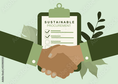 Sustainable procurement handshake agreement with checklist. Green business partnership ideal for corporate sustainability presentations and environmental compliance marketing. Vector illustration