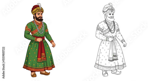 Emperor Akbar the Great Coloring Page with Colored and Outline Depictions History Art