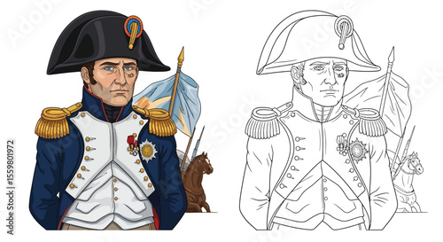 Emperor Napoleon Bonaparte Coloring Page with Colored and Outline Figures History Art