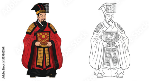 Emperor Qin Shi Huang Coloring Page with Two Artistic Versions History Art Study