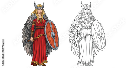 Divine Freyja Norse Goddess Coloring Page Full Color and Crisp Outline Depictions