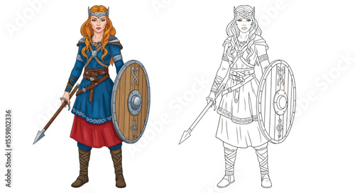 Divine Freyja Norse Goddess Coloring Page Full Color and Crisp Outline Figures