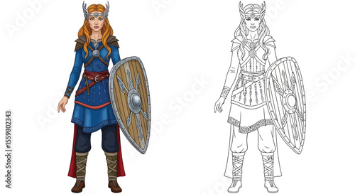 Freyja Norse Goddess Coloring Page with Colored and Outline Women Mythology Art
