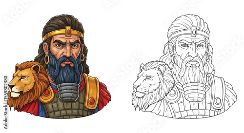 Gilgamesh Coloring Page with One Colored and One Outline Hero Epic Mythology