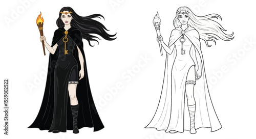 Hecate Greek Goddess of Magic Coloring Page with Colored and Outline Art Mythology