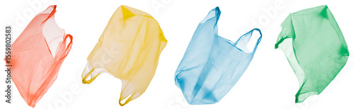 plastic waste and environmental pollution: four colorful disposable plastic shoppping bags in different views isolated