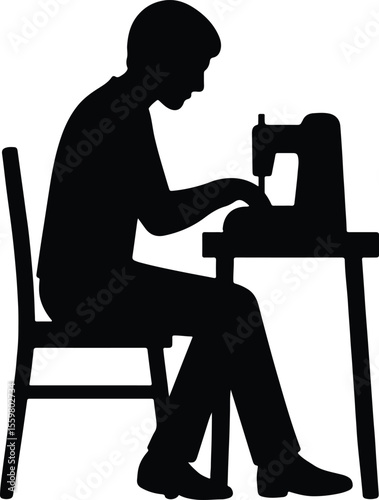 Silhouette man sewing with a sewing machine Vector illustration