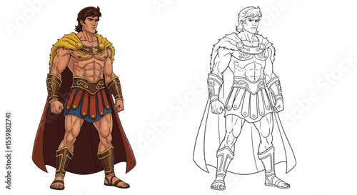 Mighty Heracles Hero Coloring Page Featuring Full Color and Crisp Outline Styles