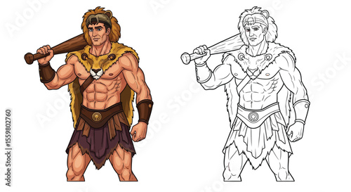 Hercules Coloring Page with Realistic and Outline Hero Versions Mythology Study