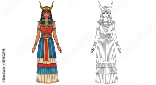 Inanna Sumerian Goddess Coloring Page with Outline and Colored Forms Mythology Art