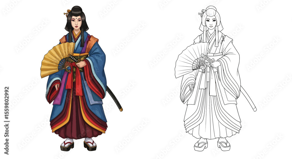 Fototapeta premium Brave Japanese Onna Bugeisha Coloring Page Full Color and Crisp Outline Illustrations
