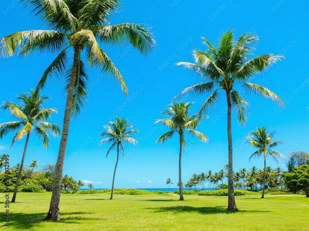 Fototapeta premium Tropical Palm Trees on Green Field Under Blue Sky