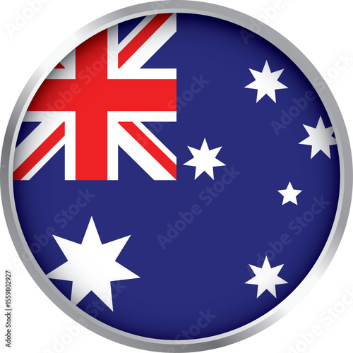 Glossy round icon of Australia national flag with Union Jack, Commonwealth Star, and Southern Cross emblem

