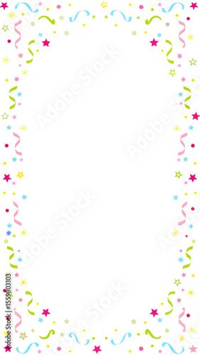 Celebratory Frame: A vibrant and playful frame composed of confetti, stars, and ribbons, encircling a central void that invites personalized content.