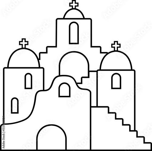 Santorini greek village scene vector. Flat cartoon landmark with dome and cave houses