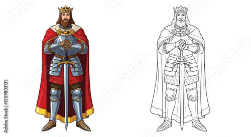 King Arthur Coloring Page Iconic Royal Figure in Color and Outline for Mythological Tales