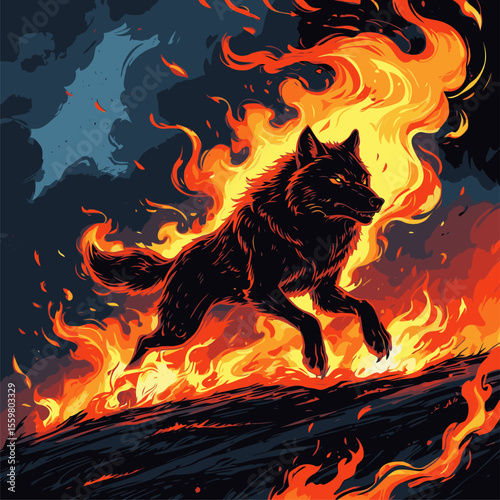 vector image of a wolf on fire with a cloudy background