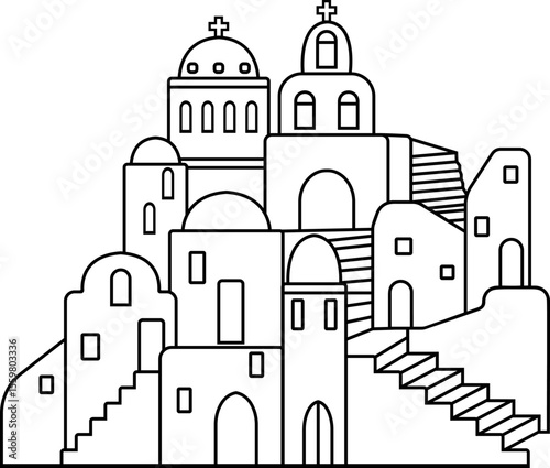 Old rural greek architecture vector,  flat cartoon landscape with yposkafa and dome house