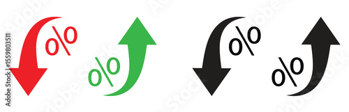 Percent arrow icon. Growth, increase, decrease arrow filled icons. Up arrows, down arrows. Vector illustrator design