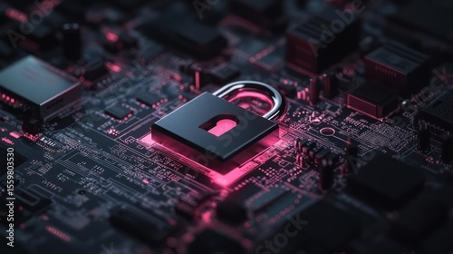 Digital Padlock Glowing Pink On Dark Circuit Board Representing Network Security And Data Protection