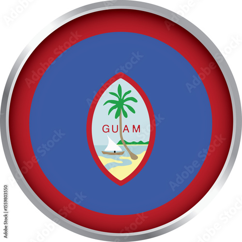 Glossy round icon of Guam national flag featuring red border, blue field, and detailed central seal emblem


