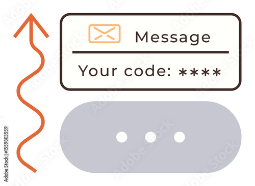 Email icon with secure code input, dotted entry field, curved arrow indicating progress. Ideal for authentication, data protection, security, login process, communication, verification simple flat