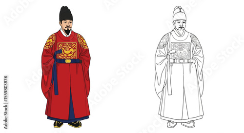King Sejong the Great Coloring Page Wise Korean King in Colored and Outline Figures