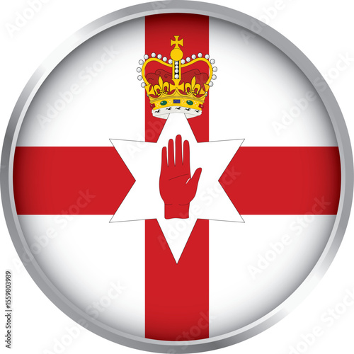 Glossy round icon of Northern Ireland flag with red cross, crown, star, and red hand emblem in silver border

